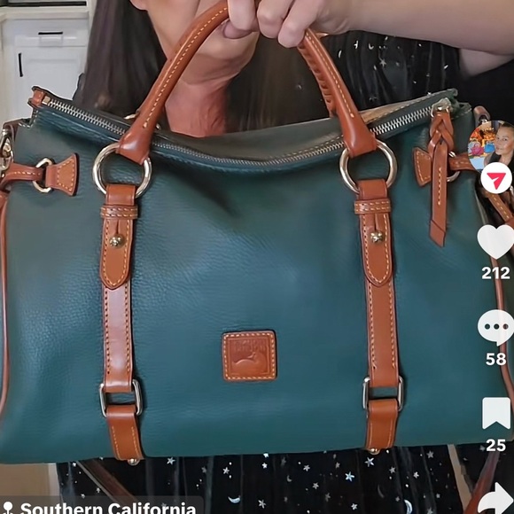 Dooney & Bourke Handbags - Dooney & Bourke Forest Green Florentine Pebbled Leather Satchel with Tan Trim